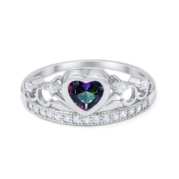 Heart Crown Ring Eternity Simulated Rainbow CZ 925 Sterling Silver